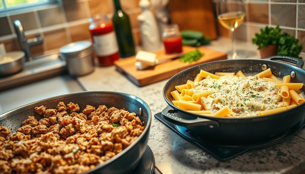 One-Skillet Cheesy Ground Chicken Pasta Cooking Process