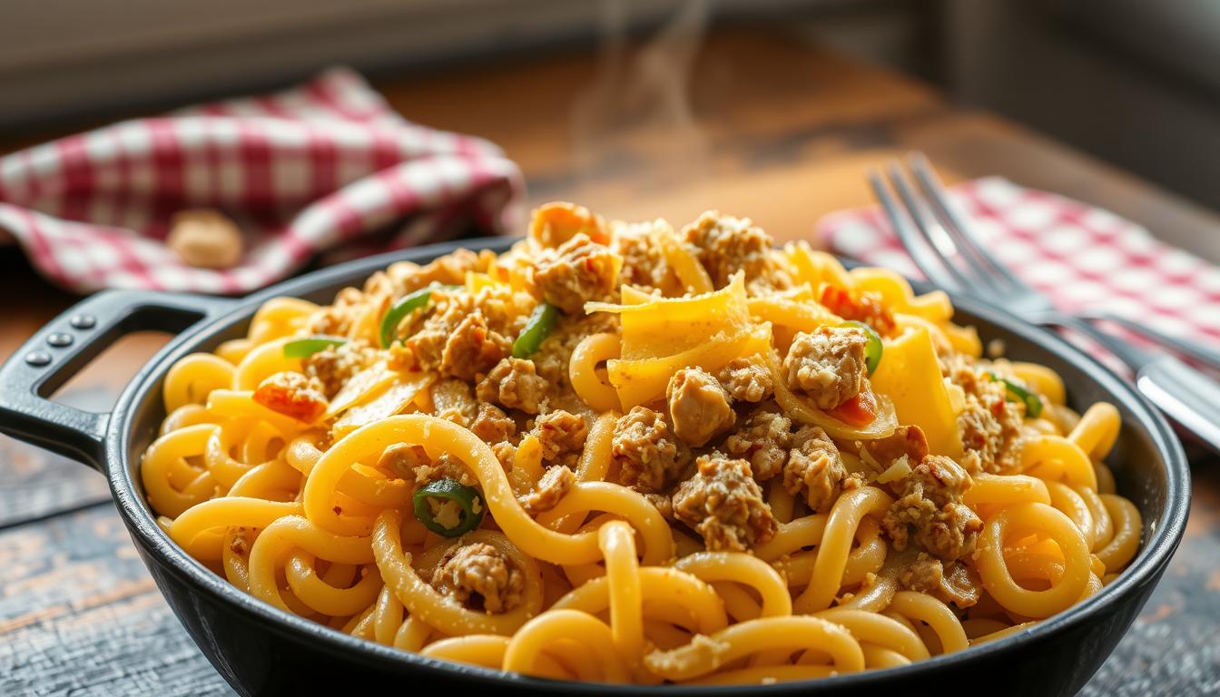 one-skillet cheesy ground chicken pasta recipe