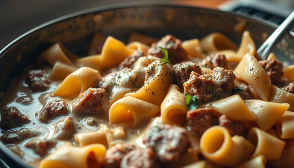 Creamy Beef Bowtie Pasta Cooking Process