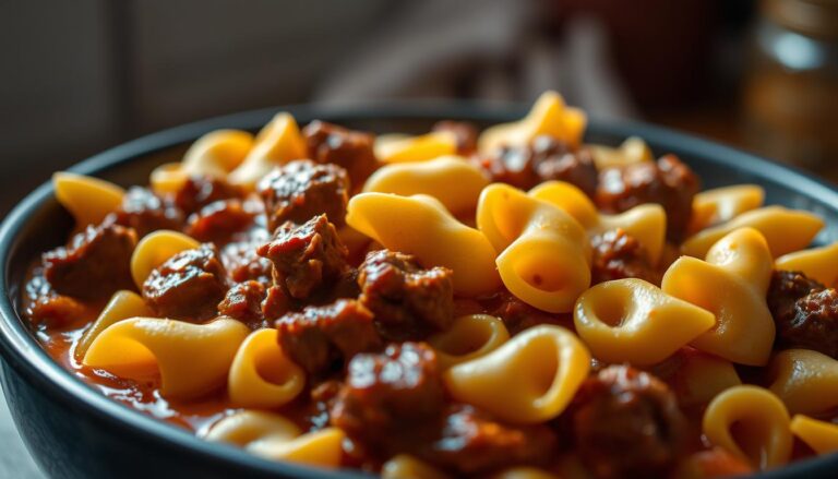 creamy beef and bowtie pasta